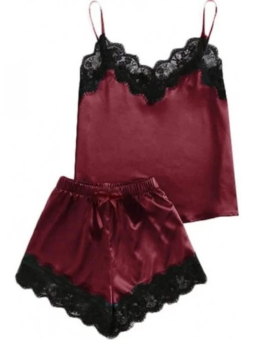 Baby Dolls & Chemises Women Sleepwear Sleeveless Strap Nightwear Lace Trim Satin Cami Top Pajama Sets - Winered - C218UNA3Q8G...