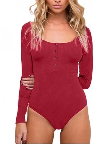 Shapewear Women Button Down Knitted Ribbed Long Sleeve Snap Crotch Thong Bodysuit - Wine - CP188O85Q94 $32.48