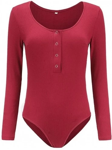 Shapewear Women Button Down Knitted Ribbed Long Sleeve Snap Crotch Thong Bodysuit - Wine - CP188O85Q94 $18.14