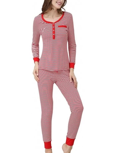 Sets Womens Cotton Pajama Set Christmas Striped Henley Pjs Fitted Pants - Cotton-red - CL18X08A99Q $30.31