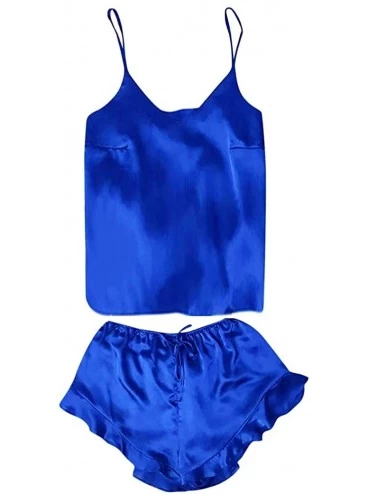 Sets Sleepwear- Womens Sexy Lingerie 2 Piece Set Satin Pajamas Cami Shorts Set Nightwear - B Dark Blue - CH19C9XIXTM $61.13