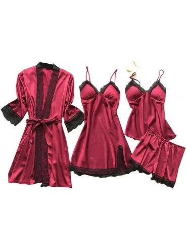 Baby Dolls & Chemises Women Pajamas Set Ladies Plus Size Sexy Lace V-Neck Robe Dress Babydoll Sleepwear Nightdress 4pcs Set -...