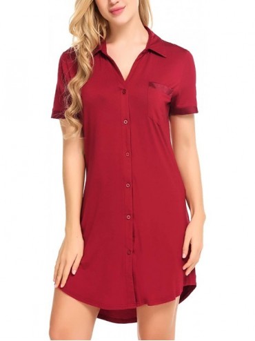 Nightgowns & Sleepshirts Womens Sleep Shirt Sexy Sleepwear Short Sleeve Button-Front Nightshirts - Wine Red - CF19C9GTZ39 $56.09