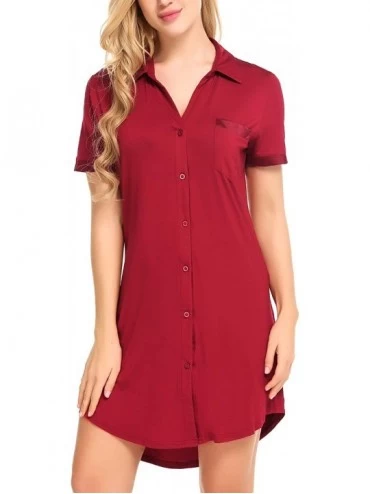 Nightgowns & Sleepshirts Womens Sleep Shirt Sexy Sleepwear Short Sleeve Button-Front Nightshirts - Wine Red - CF19C9GTZ39 $49.57