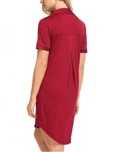 Nightgowns & Sleepshirts Womens Sleep Shirt Sexy Sleepwear Short Sleeve Button-Front Nightshirts - Wine Red - CF19C9GTZ39 $24.13