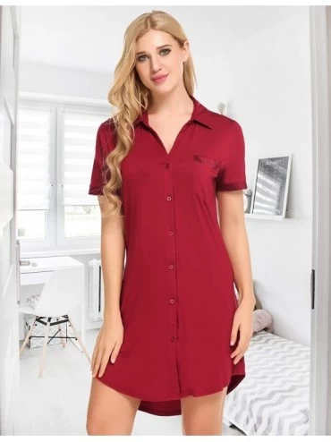 Nightgowns & Sleepshirts Womens Sleep Shirt Sexy Sleepwear Short Sleeve Button-Front Nightshirts - Wine Red - CF19C9GTZ39 $24.13