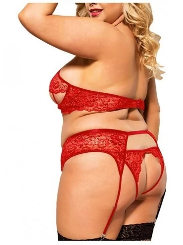 Baby Dolls & Chemises Women's Plus Size Sexy Lace Lingerie Set Garter Belts Strap Bralette and Panty Babydoll Sets - Red - CO...