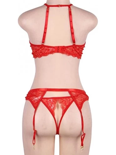 Baby Dolls & Chemises Women's Plus Size Sexy Lace Lingerie Set Garter Belts Strap Bralette and Panty Babydoll Sets - Red - CO...