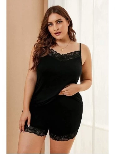 Sets Sexy Plus Size Loungewear for Women 2 Piece Pajamas Sets Lace Camisole Top with Shorts Sleepwear Nightgowns Black - CO19...