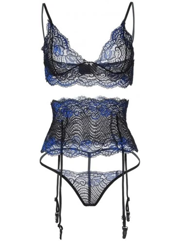Slips Women Fashion Lingerie Set- Screen Perspective Eyelash Lace Perspective Sexy Underwear Suits - Blue - C618UT2M9MQ $12.72