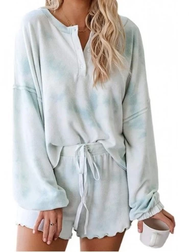 Sets Womens Tie Dye Printed Nightwear Short Pajamas Sets V Neck Long Sleeve Tops Sleepwear - A-sky Blue - CA19835HZHT $30.82