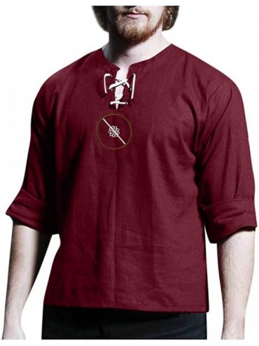 Thermal Underwear Men's Loose Retro Solid Color Long Sleeve Embroidered Imitation Cotton Shirt - B-red - CI18A47WQAD $55.40