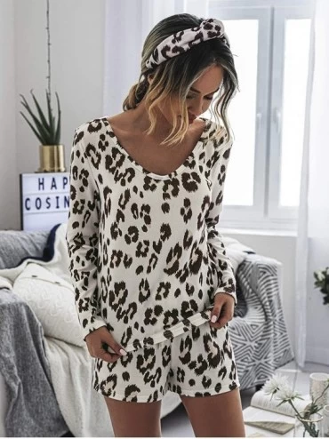 Sets Women's V Neck Long Sleeve Leopard Print Top and Shorts Pajamas Set - A Leopard - CO190OW0W4T $25.72