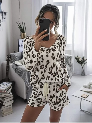 Sets Women's V Neck Long Sleeve Leopard Print Top and Shorts Pajamas Set - A Leopard - CO190OW0W4T $25.72