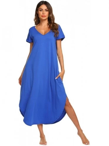 Nightgowns & Sleepshirts Sleepwear Women's Casual V Neck Nightshirt Short Sleeve Long Nightgown - Snorkel Blue - CT18NG80D07 ...