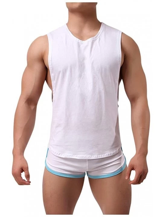 Sleep Sets Men's Pajama Set Men's Solid Color 2 Piece Outfits Tank Tops Short Pants Home Colthes Cotton Sleepwear - White - C...