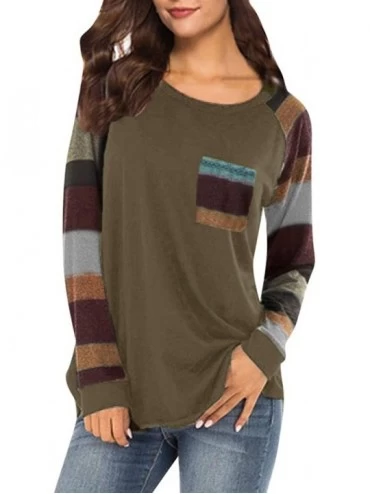 Accessories Women's Striped T-Shirt Casual Stitching Multi-Color Pocket Loose Shirt Sweatshirt Shirt - Brown - C818NN2468L $1...