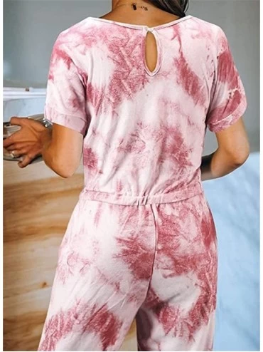 Sets Womens Tie Dye Printed Long Pajamas Set One Piece Short Sleeve PJ Sets Jumpsuit Loungewear Nightwear - Red - C219996TT3T...