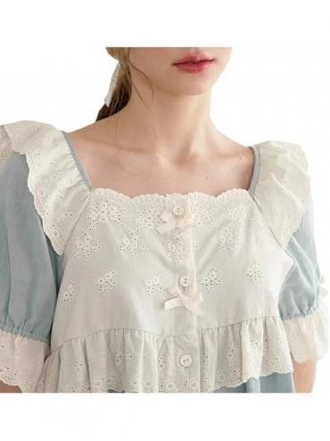 Sets Womens Cotton Pajama Sets Short Sleeve Victorian Nightwear Floral Lace Hem Sleepwear Set 2 Pieces - Blue - C91985MR4ZN $...