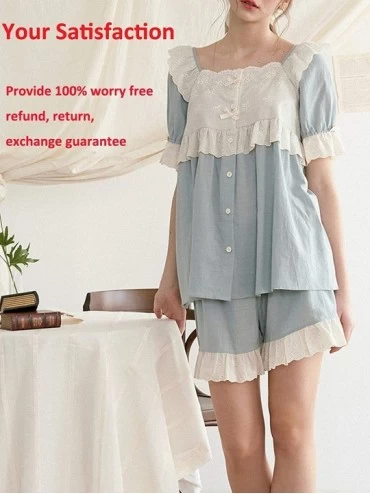 Sets Womens Cotton Pajama Sets Short Sleeve Victorian Nightwear Floral Lace Hem Sleepwear Set 2 Pieces - Blue - C91985MR4ZN $...