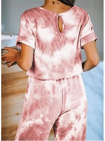 Sets Womens Tie Dye Printed Long Pajamas Set One Piece Short Sleeve PJ Sets Jumpsuit Loungewear Nightwear - Red - C219996TT3T...