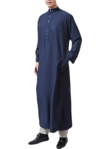 Robes Men's Stand Collar Long Sleeve Button Saudi Arab Thobe Islamic Muslim Dubai Robe - Navy Blue - CF18TYD9AOI $66.66