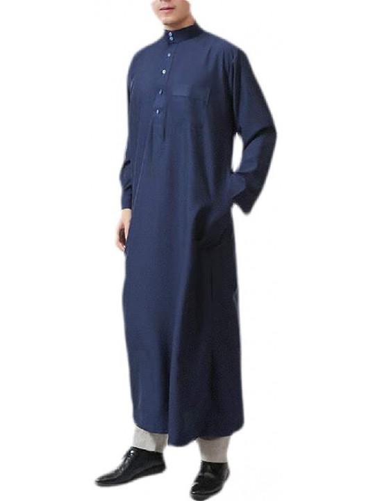 Robes Men's Stand Collar Long Sleeve Button Saudi Arab Thobe Islamic Muslim Dubai Robe - Navy Blue - CF18TYD9AOI $65.18