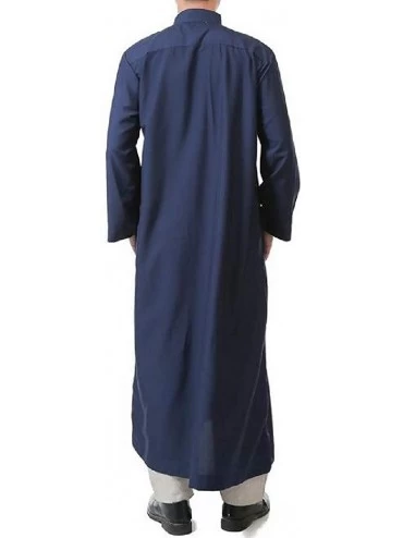 Robes Men's Stand Collar Long Sleeve Button Saudi Arab Thobe Islamic Muslim Dubai Robe - Navy Blue - CF18TYD9AOI $36.29