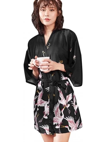 Robes Women's Silky Knee Length Summer Robes Short Sleeve Sexy Loose Fit Nightgown Kimono - Black - C9197ASKYN8 $22.31