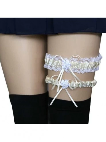 Garters & Garter Belts 2Pcs/Set Women Bowknot Lace Trim Garter Sexy Bridal Garter Wedding Cosplay Leg Accessory - White - CX1...