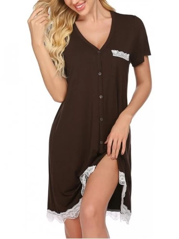 Nightgowns & Sleepshirts Womens Nightgown Striped Tee Short Sleeve Sleep Nightshirt Breastfeeding Loungewear Button Down Paja...
