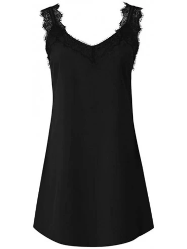 Nightgowns & Sleepshirts Women Dress Lace Spaghetti Strap V Neck Sleeveless Casual Mini Sleepwear Pajamas Dress - Black - CL1...