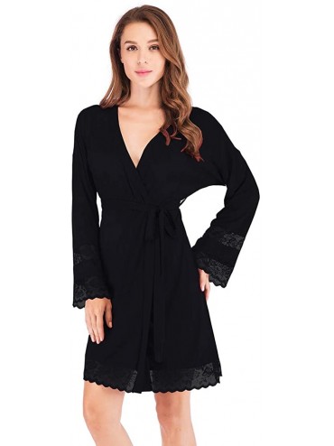 Robes Women's Pajama Long Robe- Sexy Sleepwear Trimmed with lace- Relaxed fit with Outer tie Belt - Black - CU18RUA52X5 $25.78