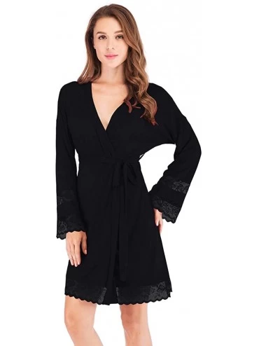 Robes Women's Pajama Long Robe- Sexy Sleepwear Trimmed with lace- Relaxed fit with Outer tie Belt - Black - CU18RUA52X5 $57.82