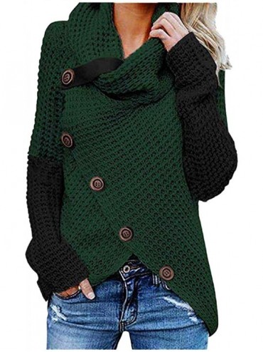 Tops Womens Cowl Neck Knit Sweater Button Up Pullover Tunic Asymmetrical Fall Sweatshirt Top - Contrast - Army Green - CK18AO...