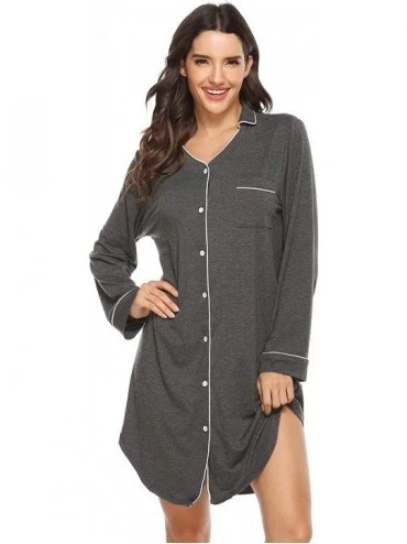 Nightgowns & Sleepshirts Nightgown Women's Nightshirt Boyfriend Pajamas Sleep Shirts Button Down Sleepwear - Dark Grey - CQ19...