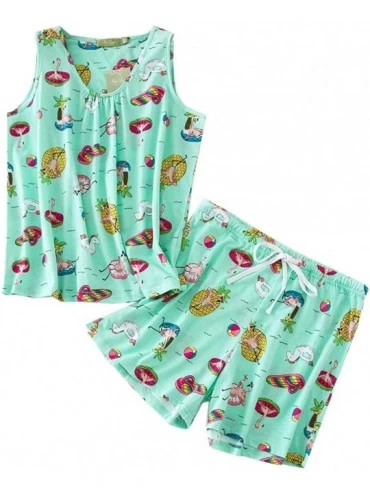 Sets Women's Sleepwear -Cute Print Tank Top and Shorts Pajama Sets - Green Colors - CY19C5DQSOY $37.22