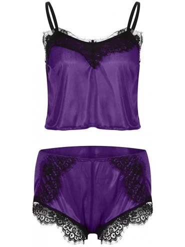 Bustiers & Corsets Women Lace Sexy Passion Lingerie Babydoll Nightwear 2PC Set - Purple - CZ18SMDNGU4 $24.01