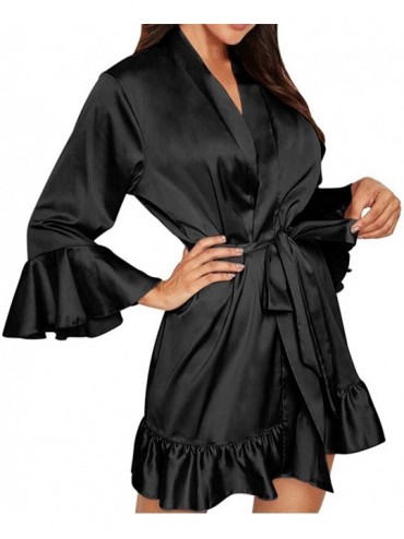 Nightgowns & Sleepshirts Women Sexy Lace Lingerie Long Flare Sleeve Solid Belt Nightwear Underwear Sleepwear Pajamas - Black ...