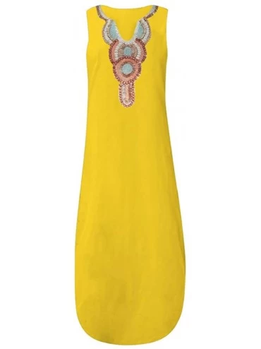 Tops Summer Dresses for Women Cold Shoulder Maxi Dress Printed Sleeveless V Neck Split Hem Baggy Kaftan Long Dress Yellow - C...