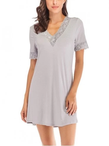 Nightgowns & Sleepshirts Women's Lace Short Sleeves Nightgown Dress Soft Loungewear Solid Cotton Nightwear - Grey - CO18TRZ7M...