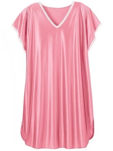 Nightgowns & Sleepshirts Women's Short Sleeve Silky Night Gown - V-Neck Slipover Sleep Dress - Coral - C211LWNMA21 $26.37