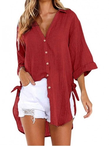 Thermal Underwear Women's Casual Button Dress Shirt Cotton Loose V-Neck Tunic Blouse Tops - Red - CV19609XAIW $34.14