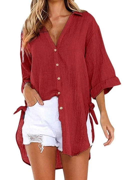 Thermal Underwear Women's Casual Button Dress Shirt Cotton Loose V-Neck Tunic Blouse Tops - Red - CV19609XAIW $16.21