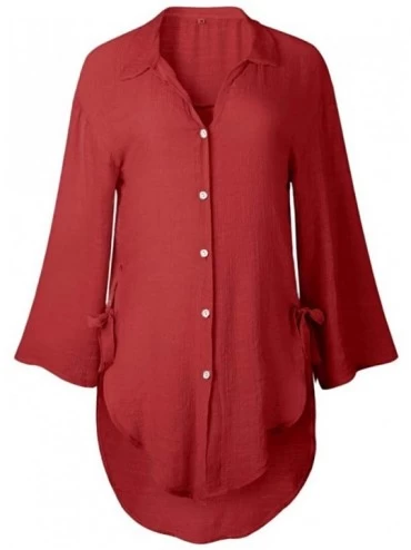 Thermal Underwear Women's Casual Button Dress Shirt Cotton Loose V-Neck Tunic Blouse Tops - Red - CV19609XAIW $16.21