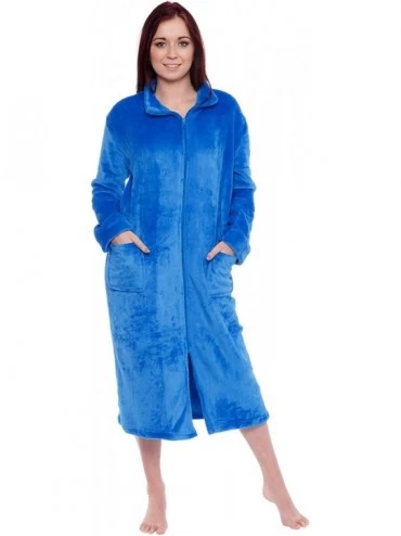 Robes Womens Full Length Zip Up Robe - Plush Fleece Long Zipper Housecoat - Blue - CT18CENZ5QH $57.98