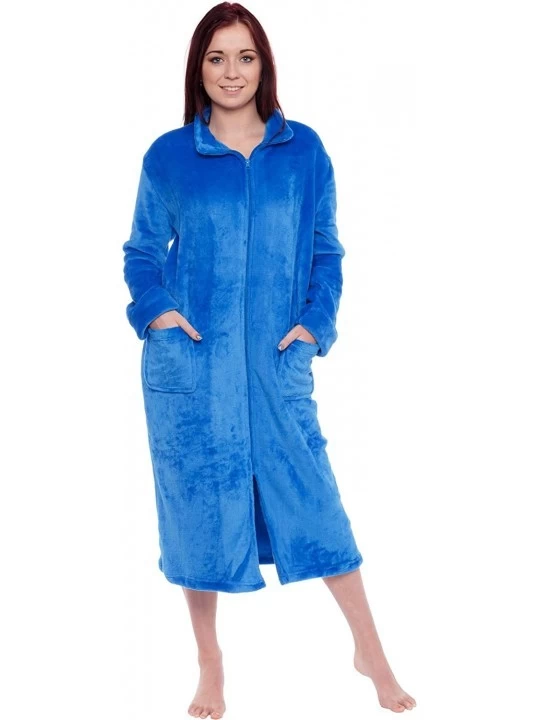 Robes Womens Full Length Zip Up Robe - Plush Fleece Long Zipper Housecoat - Blue - CT18CENZ5QH $29.39