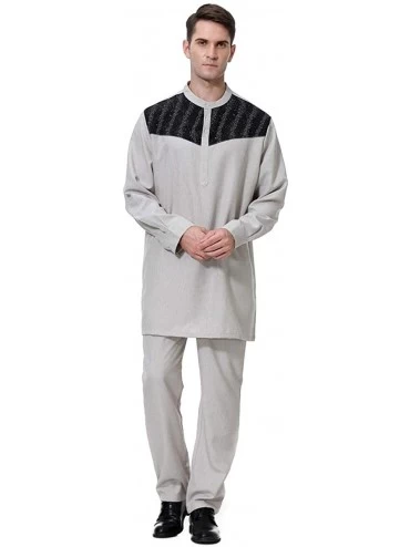 Robes Men's Muslim Clothes Kaftan Robe Solid Saudi Long Gown Ethnic Clothes-2pcs Set (Top+Pants) - B Grey - CS197EMMI50 $77.58