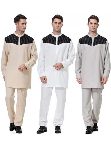 Robes Men's Muslim Clothes Kaftan Robe Solid Saudi Long Gown Ethnic Clothes-2pcs Set (Top+Pants) - B Grey - CS197EMMI50 $51.04