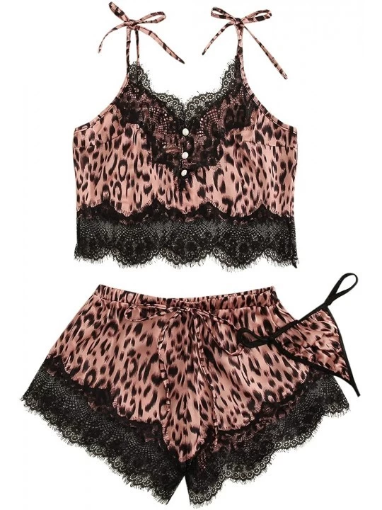 Sets Women's Lace Trim Bralette Shorts Pajama Set Lingerie Nightwear - Leopard_pink - C618R92C57U $15.18